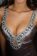 Elegant Taupe Evening Dress with Train & Crystal Back