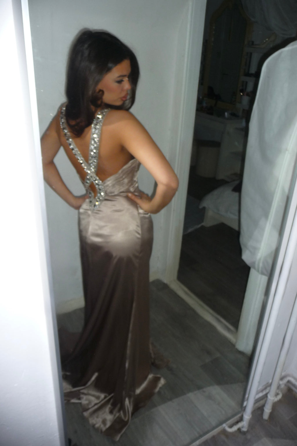 Elegant Taupe Evening Dress with Train & Crystal Back