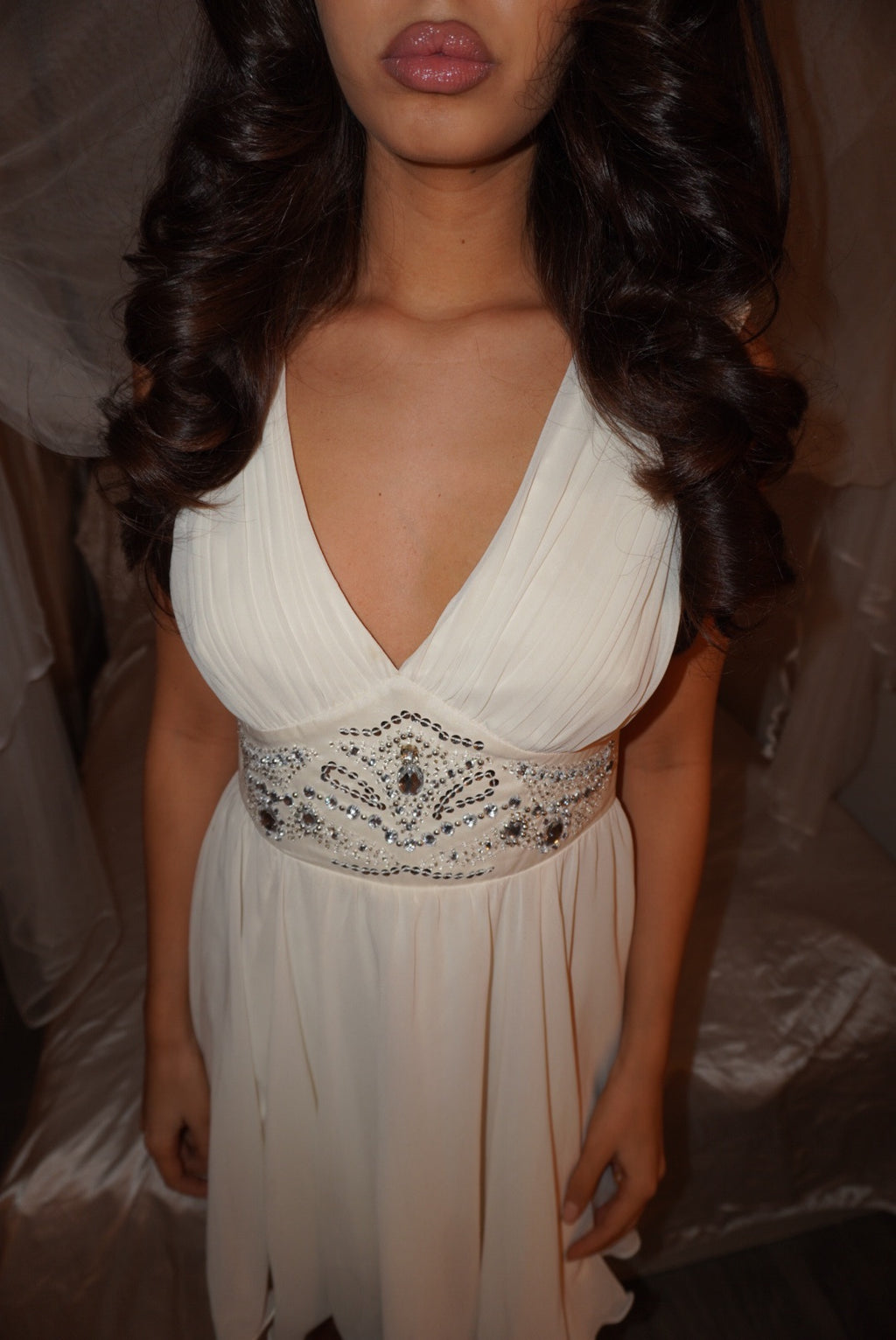 Mini Cream-Colored Dress with Strass Details